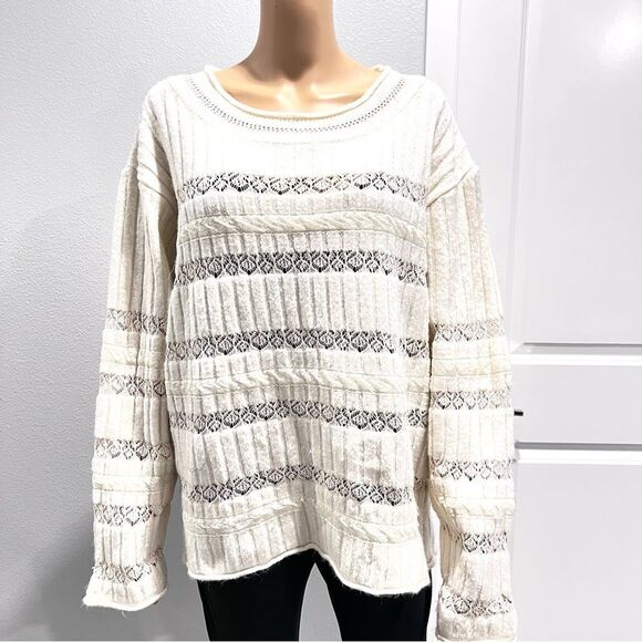 Zara Womens Sweater Ivory Pullover Lace Striped Long Sleeve Round Neck Size M - Picture 2 of 7